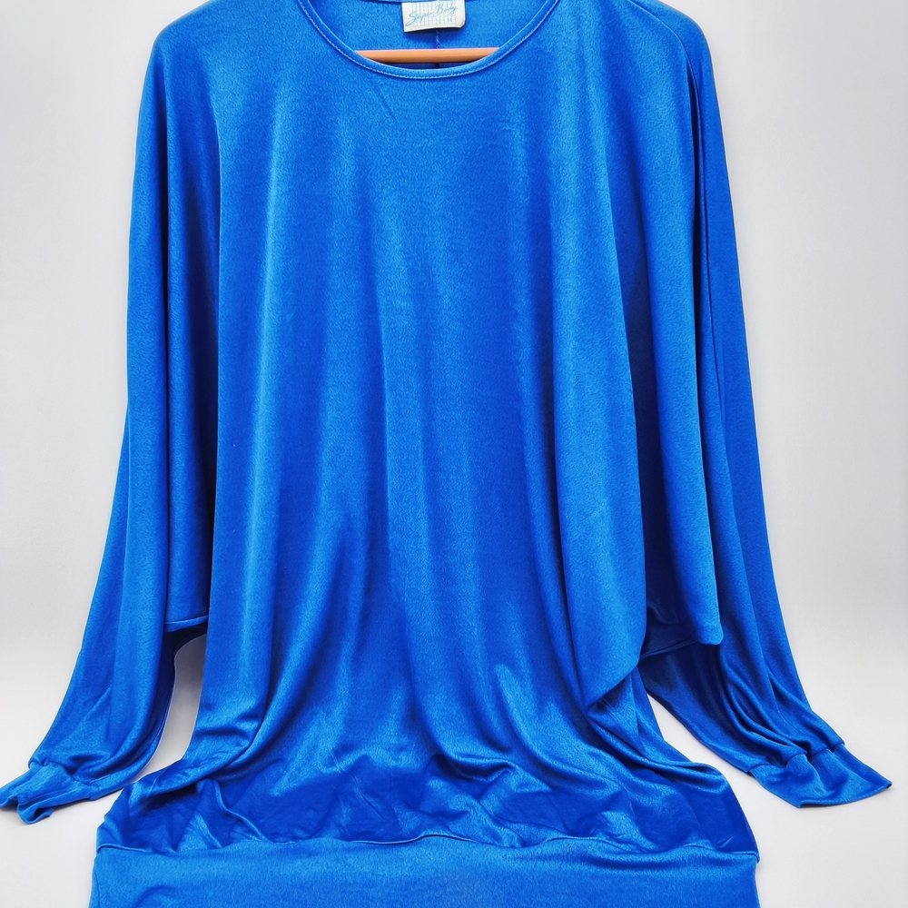 Vintage 1980s Super Body Blue Dolman Batwing Sleeve Top - Banded Hem, Size 14